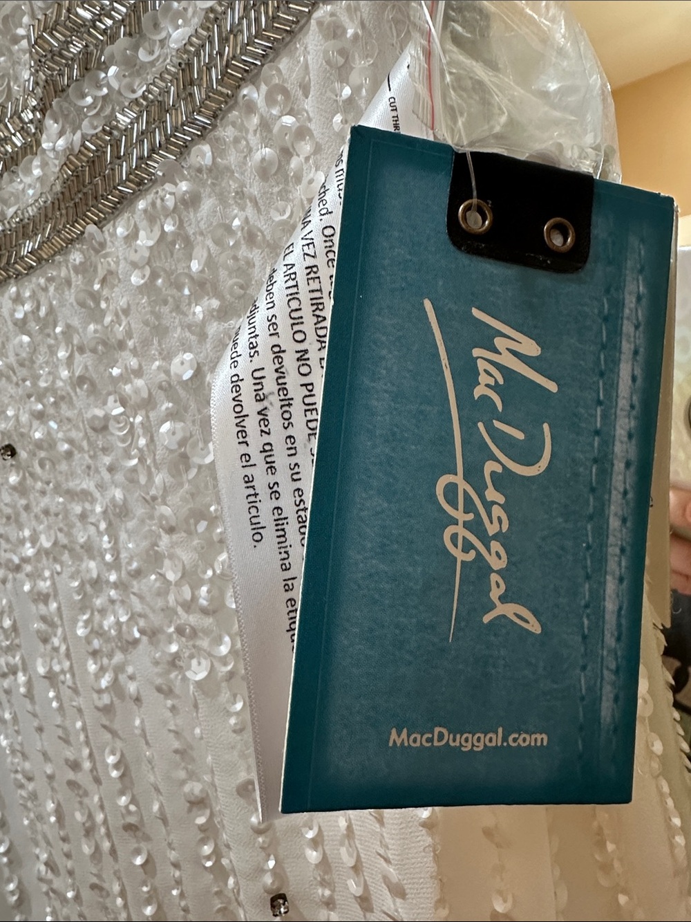 Mac Duggal Beaded White Sleeveless Evening Dress with Metallic Waist - Picture 2 of 5